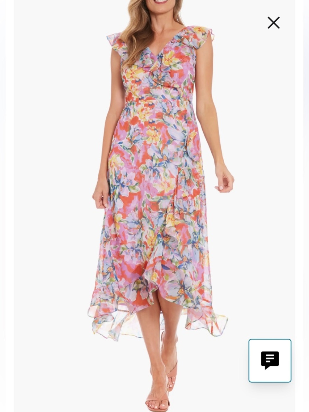 London Times Lavender Floral ruffle Neck Maxi Dress, sz 10, 20” PTP, 53” L